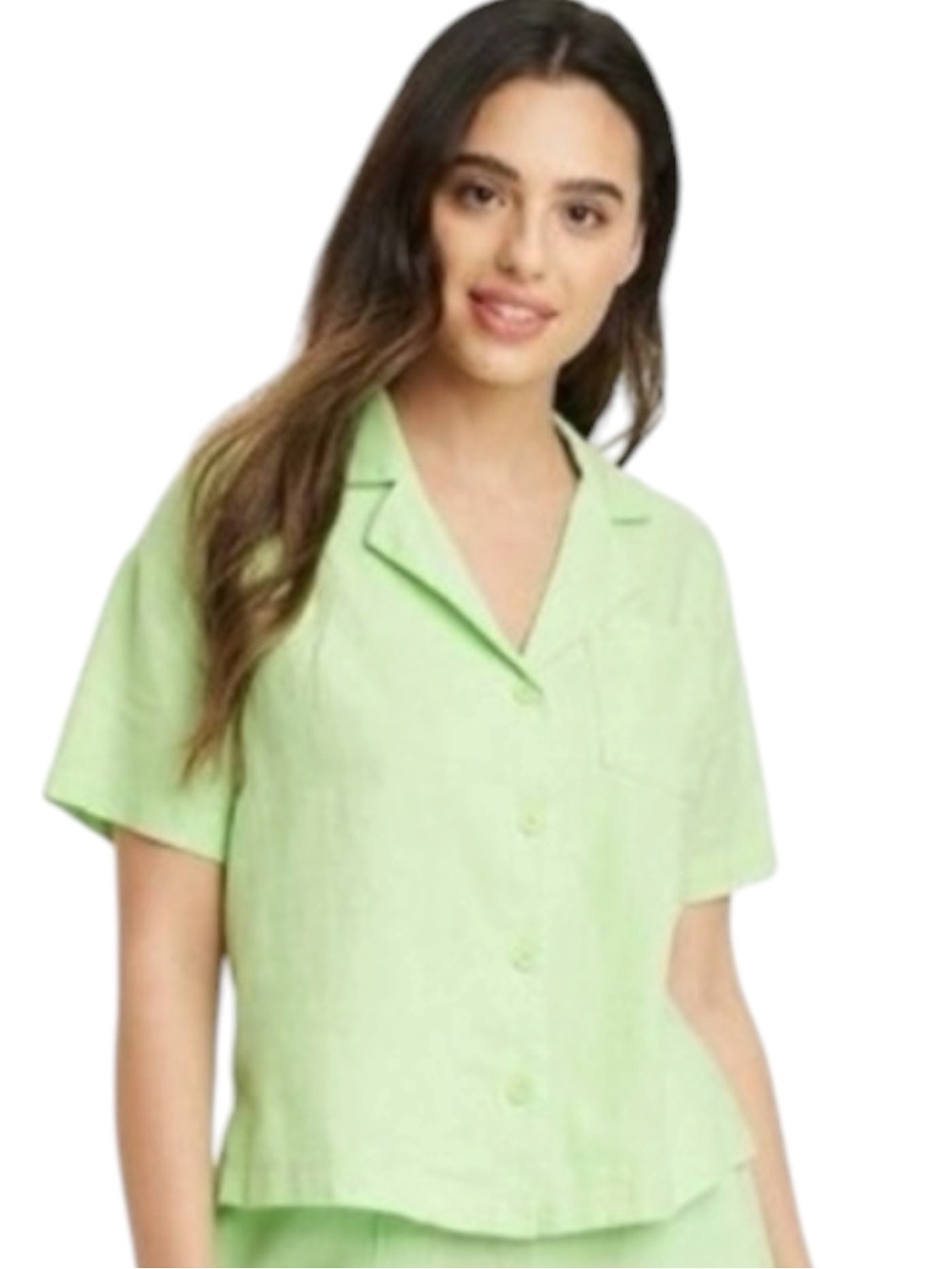 A New Day Lime Green Linen Blend Short Sleeve Camp Button Down Shirt